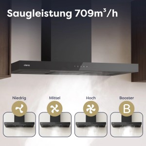 Schwarze CIARRA Dunstabzugshaube 90 cm mit 709m³/h Saugleistung, Touch Control, LED und 4 Stufen in Aktion. Wandhaube.
