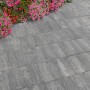 Diephaus Terrassenplatte Corso Graphit, 50x25 cm, verlegt als Gartenweg mit Blumenbeet.
