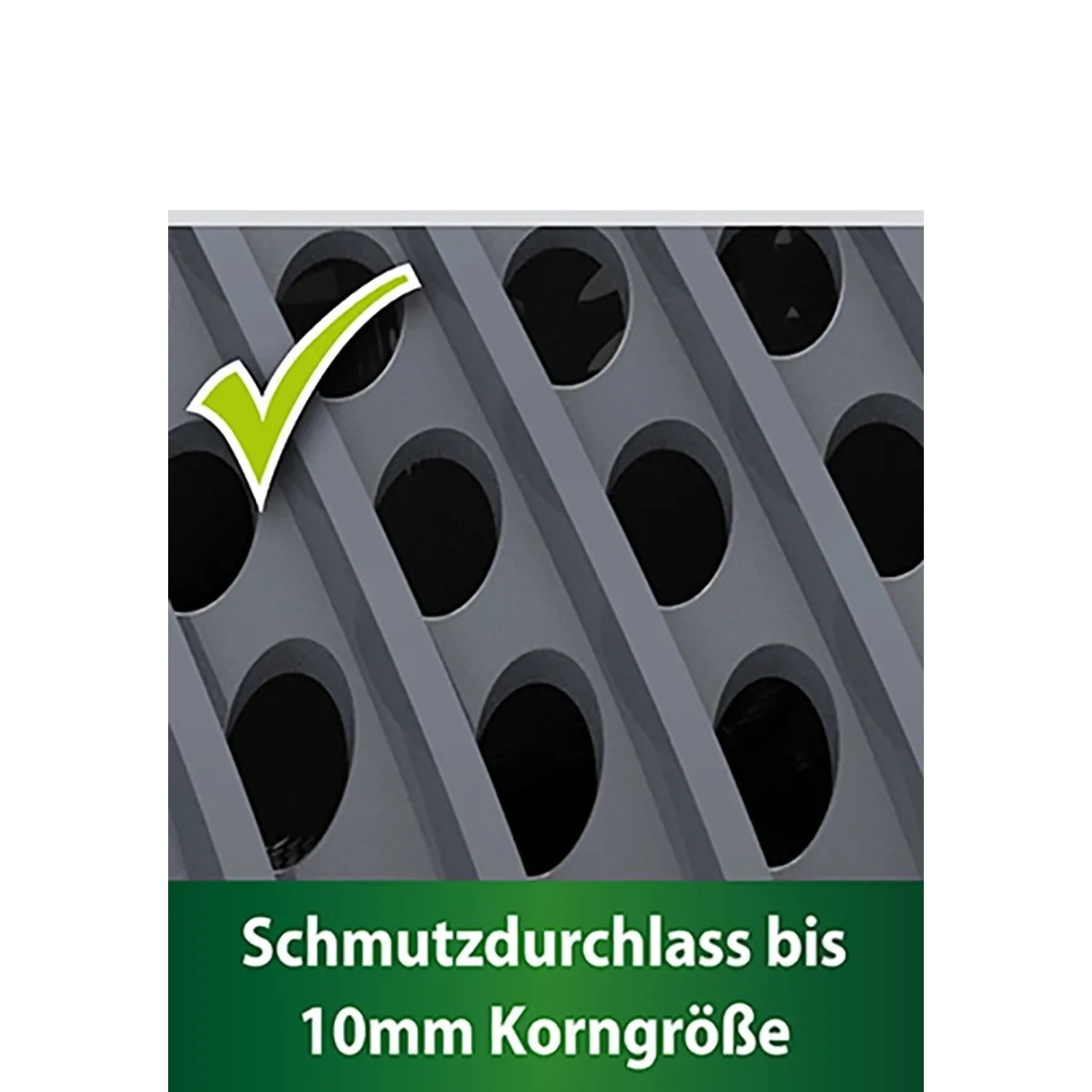 Detailaufnahme: Heissner Aqua Craft Eco Filterpumpe, Schmutzdurchlass bis 10mm mit grünem Haken.