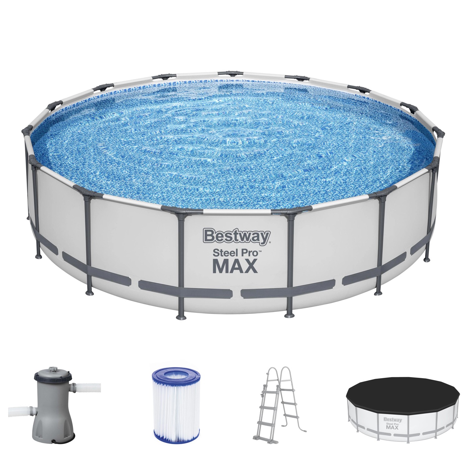 Bestway Stahlrahmen Pool Set Steel Pro Max, Ø 457 cm, mit Pumpe, Leiter und Abdeckplane.