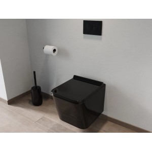 Schwarzes Vente-unique Hänge-WC Clemona (35.5 cm) in modernem Bad. Kompakte Keramik-Toilette mit schwarzer Spülplatte.