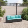 Schwarze 3-tlg. vidaXL Garten-Sofagarnitur aus Poly Rattan mit wasserblauen Kissen.
