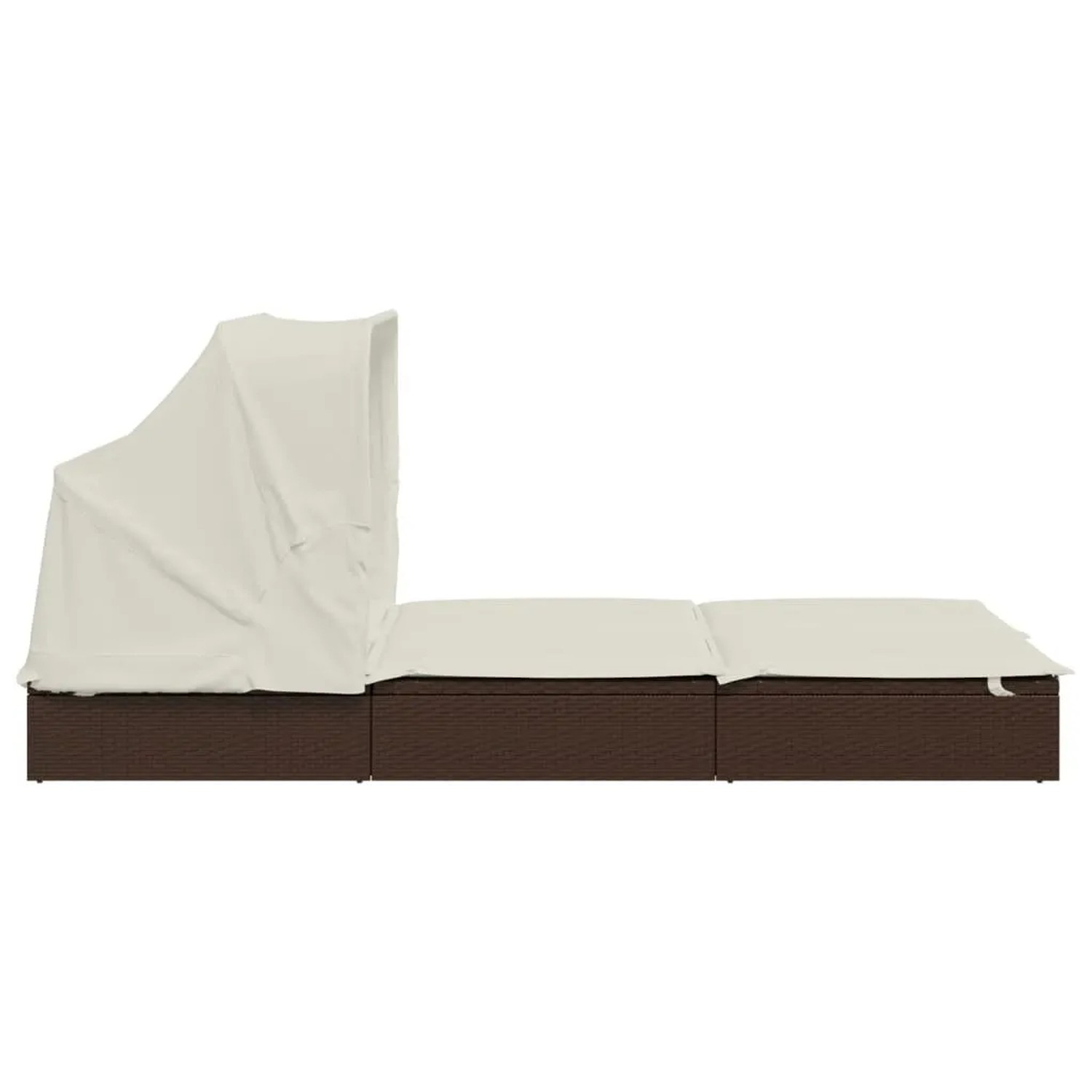 Braune 2-Personen-Sonnenliege mit Dach und cremefarbenen Kissen aus Poly Rattan.