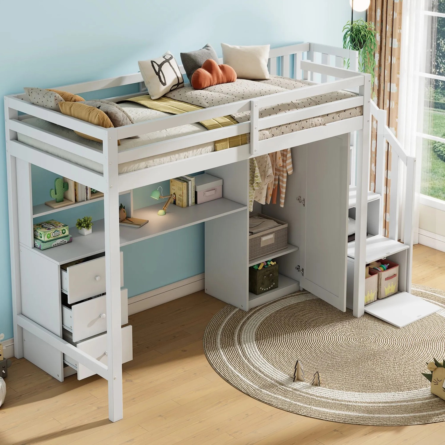 Merax Etagenbett 90 x 200 cm mit Schreibtisch Kleiderschrank Treppe Weiß