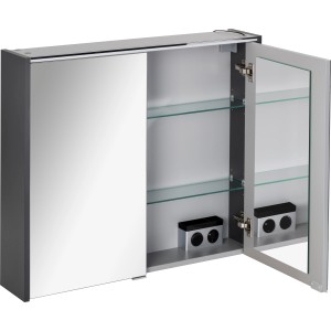 Fackelmann Spiegelschrank Denver, 80 cm, Anthrazit, mit geöffneter Tür und Glasböden.