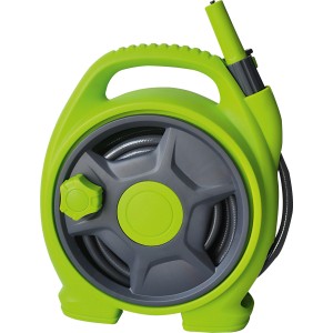 Grüne Mini-Schlauchbox 10m mit Tragegriff und grauem Schlauchaufroller für Gartenbewässerung.