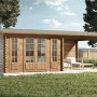 Alpholz Gartenhaus Freiburg-44 aus Holz mit Doppeltür und überdachter Terrasse.