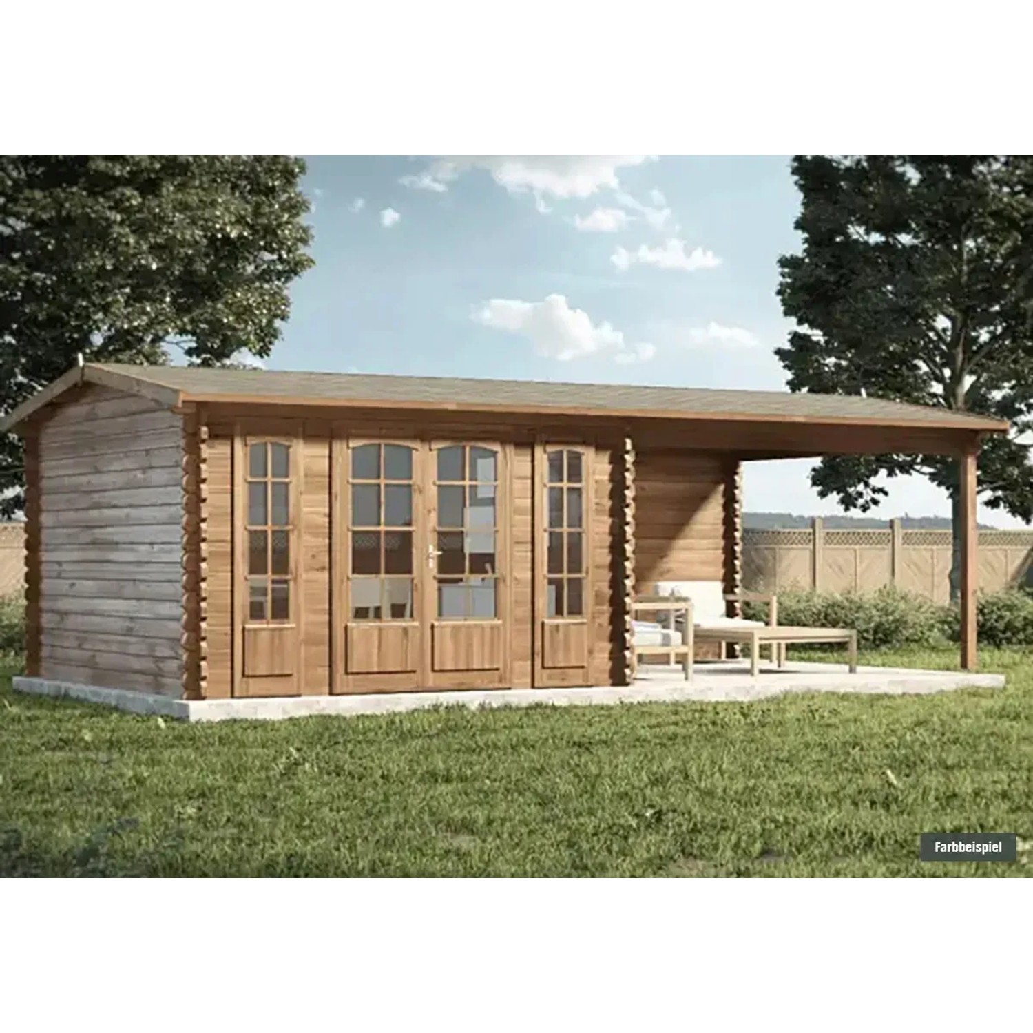 Alpholz Gartenhaus Freiburg-44 aus Holz mit Doppeltür und überdachter Terrasse.