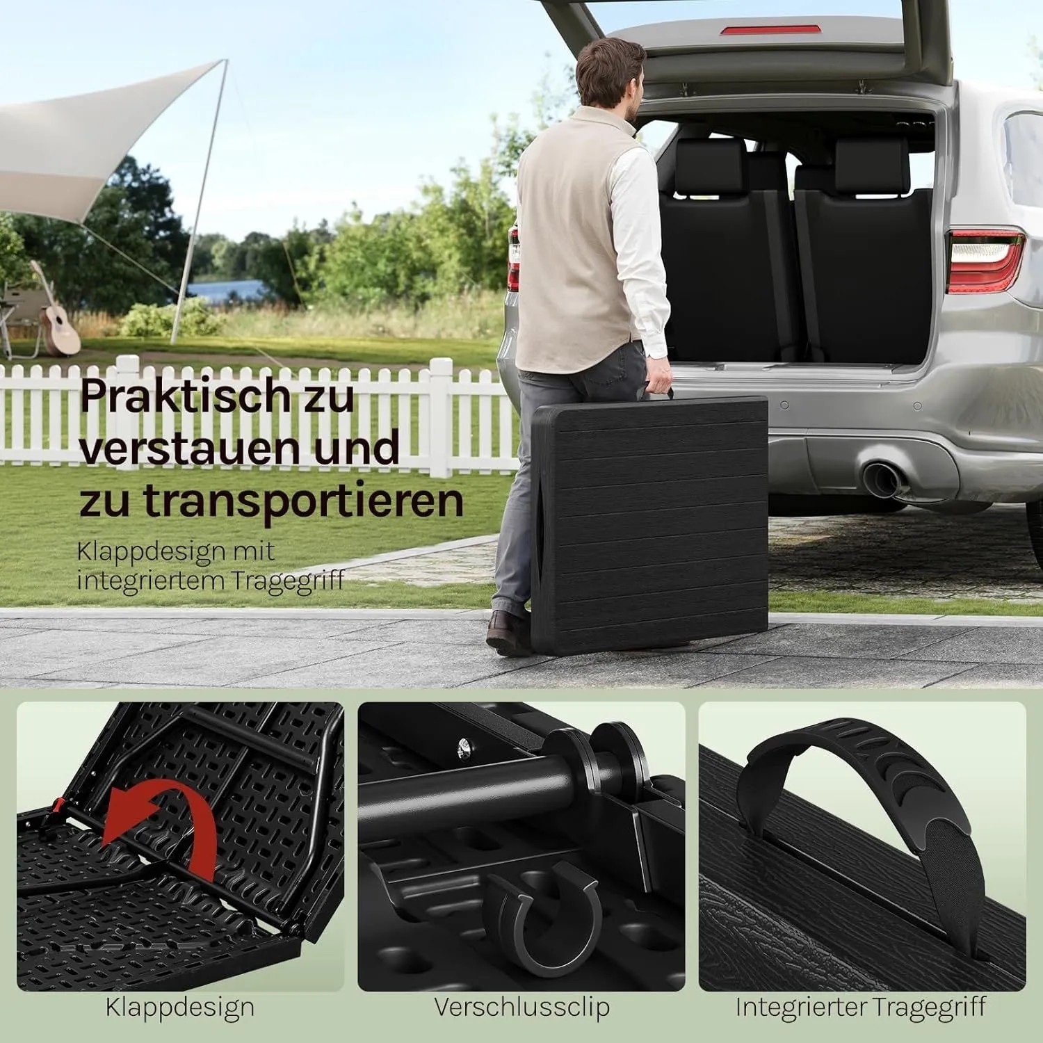 WOLTU Klapptisch, schwarz, gefaltet für Transport. Zeigt Klappmechanismus, Verschlussclip & Tragegriff. Ideal für Garten & Outdoor.