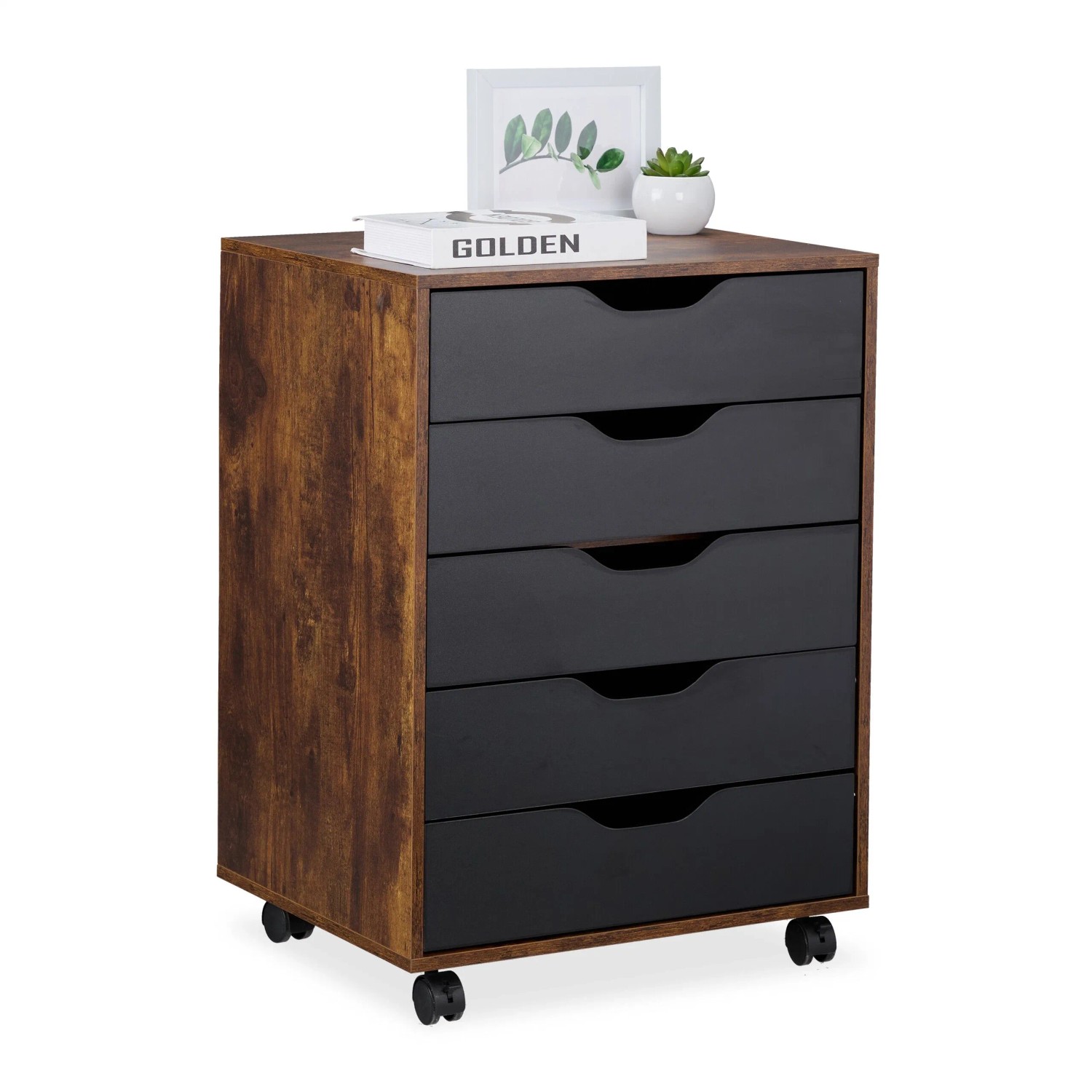Relaxdays Rollcontainer Holzwerkstoff Kunststoff Industrial-Schwarz Rollbar mit 5 Schubladen 66,5 cm x 48 cm x 39,5 cm 17,7 kg