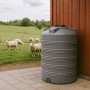 Marmorierter grauer 1500L Trinkwasser Wassertank aus PE mit Rippen, auf Terrasse. Schafe im Garten.