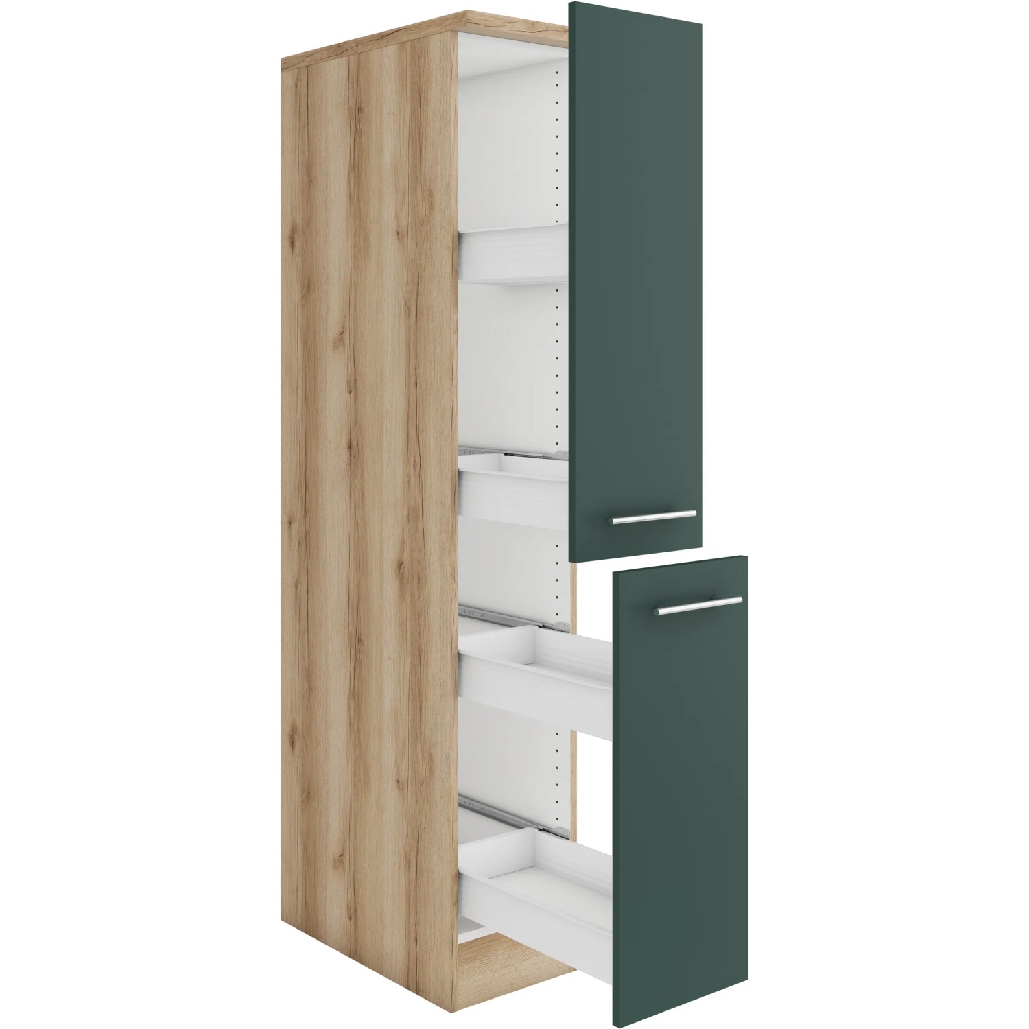 OPTIFIT Savona405 Apothekerschrank, 30 cm, Steingrün, mit Auszügen und Edelstahlgriffen.