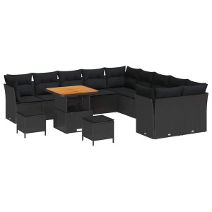 vidaXL Garten-Sofa-Set, 13-teilig, schwarz, Poly Rattan, mit Tisch und Hockern.
