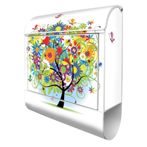 Silberner Briefkasten mit Märchenzauberbaum-Motiv und Zeitungsfach. Dekorativer Wandbriefkasten.