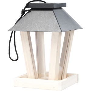 Vogelhaus mit Schiebedach aus Metall (grau) und Kiefernholz (natur) zum Aufhängen.