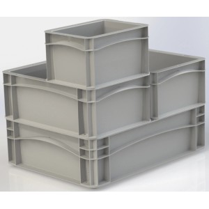 Stapel aus grauen Eurobox-System Boxen (Vollwand) in verschiedenen Größen.