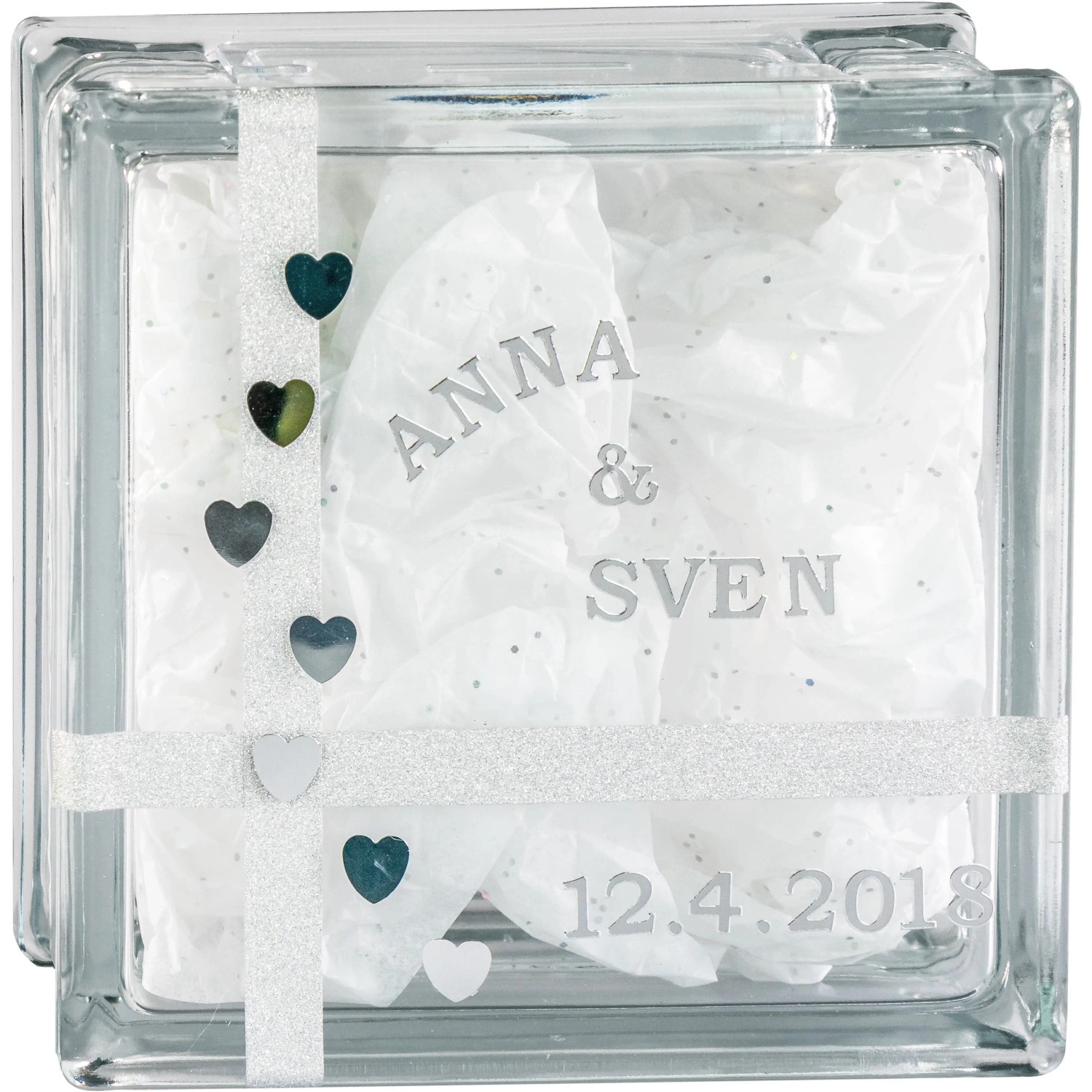 Fuchs Dekoglasstein Vollsicht als Geschenk zur Hochzeit mit Namen und Datum.