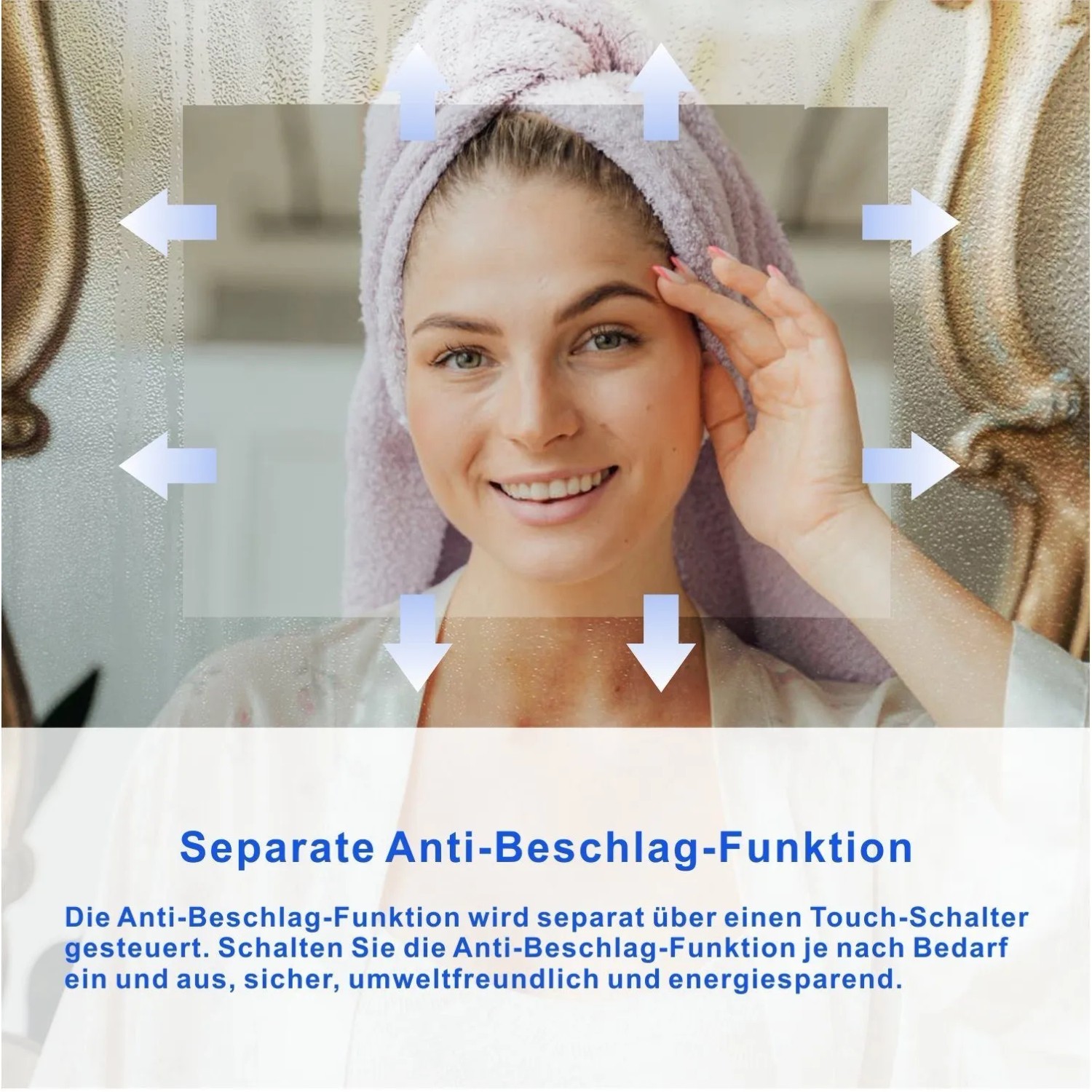 Frau vor Aquabatos Badspiegel mit Antibeschlag-Funktion. Rechteckiger Wandspiegel mit LED-Streifen.
