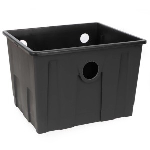 Schwarze, rechteckige Sunsun Cbf-350 Ersatzwanne für Teichfilter mit Anschlusslöchern. Robustes Kunststoffgehäuse.