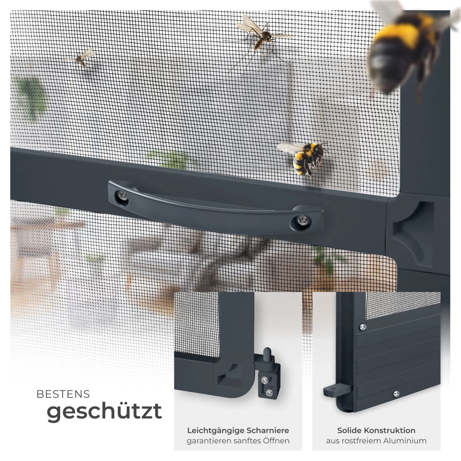 Anthrazit Tectake Fliegengittertür mit Aluminiumrahmen und Fiberglasnetz. Schützt vor Insekten. Wetter- & UV-beständig.