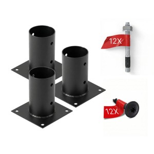 3 schwarze, pulverbeschichtete 80mm Aufschraubhülsen für Rundholzpfosten. Komplettset mit Ankern & Schrauben für feste Untergründe.