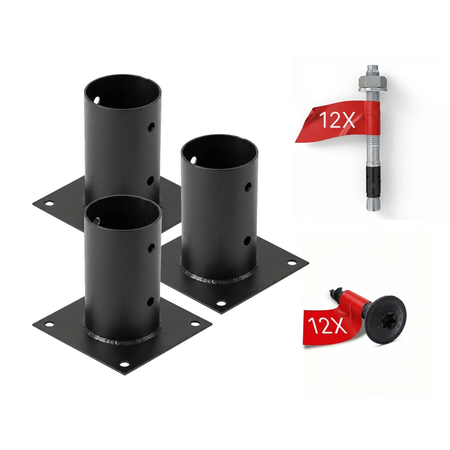 HOLLMAX 3 Stk. Aufschraubhülse/Pfostenträger 80 mm Komplettset Pulverbeschichtet Schwarz für Rundholzpfosten