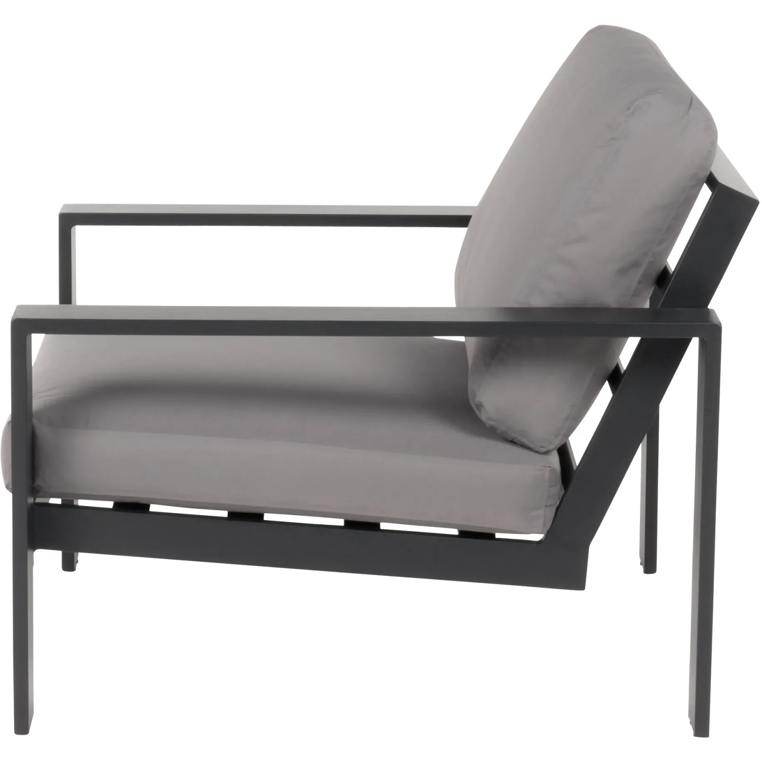 Sessel des Home Deluxe Lounge-Sets Rio L, Aluminium schwarz, Kissen hellgrau.