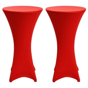 Zwei rote Beautissu Stella Stretch-Stehtischhussen für runde Tische ø 80 cm, formgenau und faltenfrei, ideal für Events.