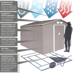 Hellgraues Metall Gerätehaus Hattoro S300 mit Satteldach, Schiebetüren und Bodenrahmen. Person zum Größenvergleich.