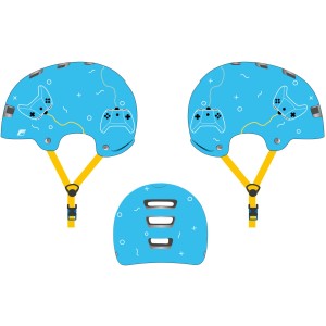 Fischer BMX Kinder Fahrradhelm Game XS/S, blau mit Controller-Motiv und gelben Riemen.