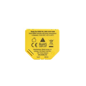 Gelber Shelly Controller RGBW Plus PM für Hausautomation. Steuert LED-Streifen.