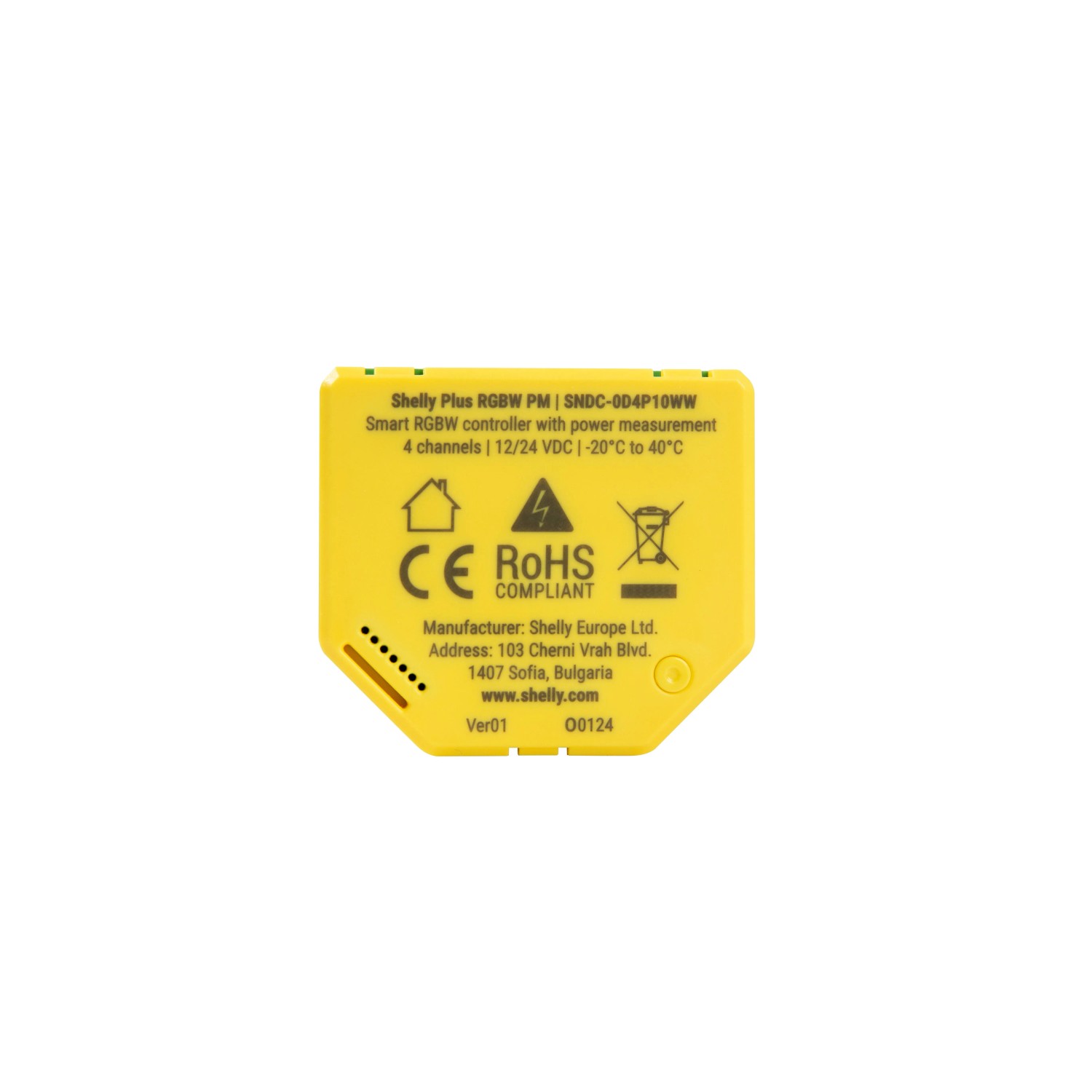 Gelber Shelly Controller RGBW Plus PM für Hausautomation. Steuert LED-Streifen.