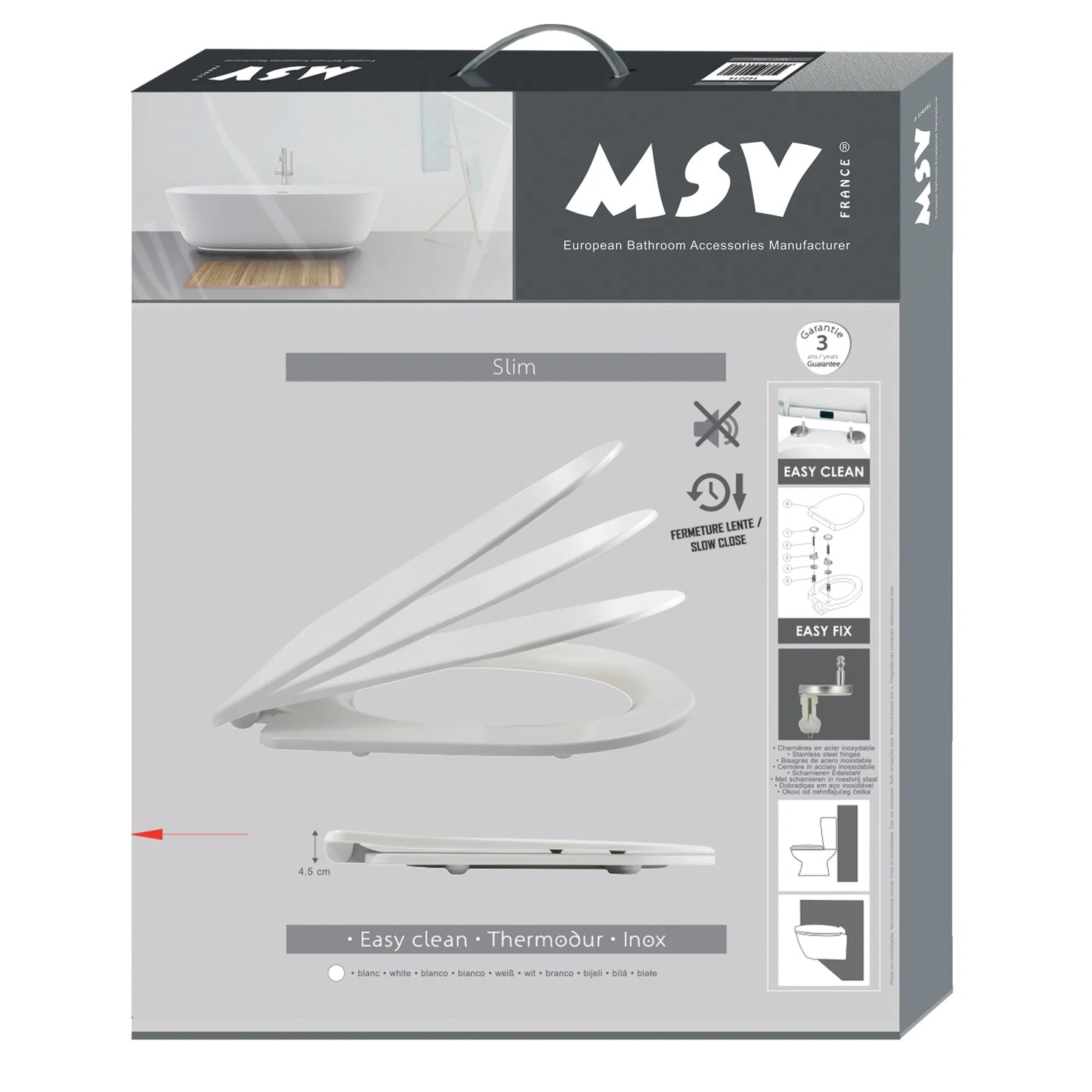 Verpackung eines weißen MSV WC-Sitzes aus Duroplast mit Soft-Close-Funktion.