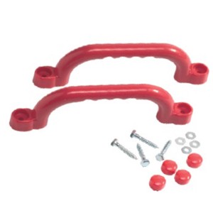 T&J Handgriffe, 2 rote Kunststoffgriffe mit Schrauben und Abdeckkappen für Gartenspielgeräte.