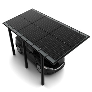 Schwarzes Ximax Solarcarport Linea mit Solarmodulen über einem Auto. Robustes Aluminium, modernes Design.