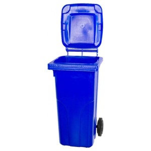 Blaue 120L PROREGAL Mülltonne mit Rädern und geöffnetem Deckel.