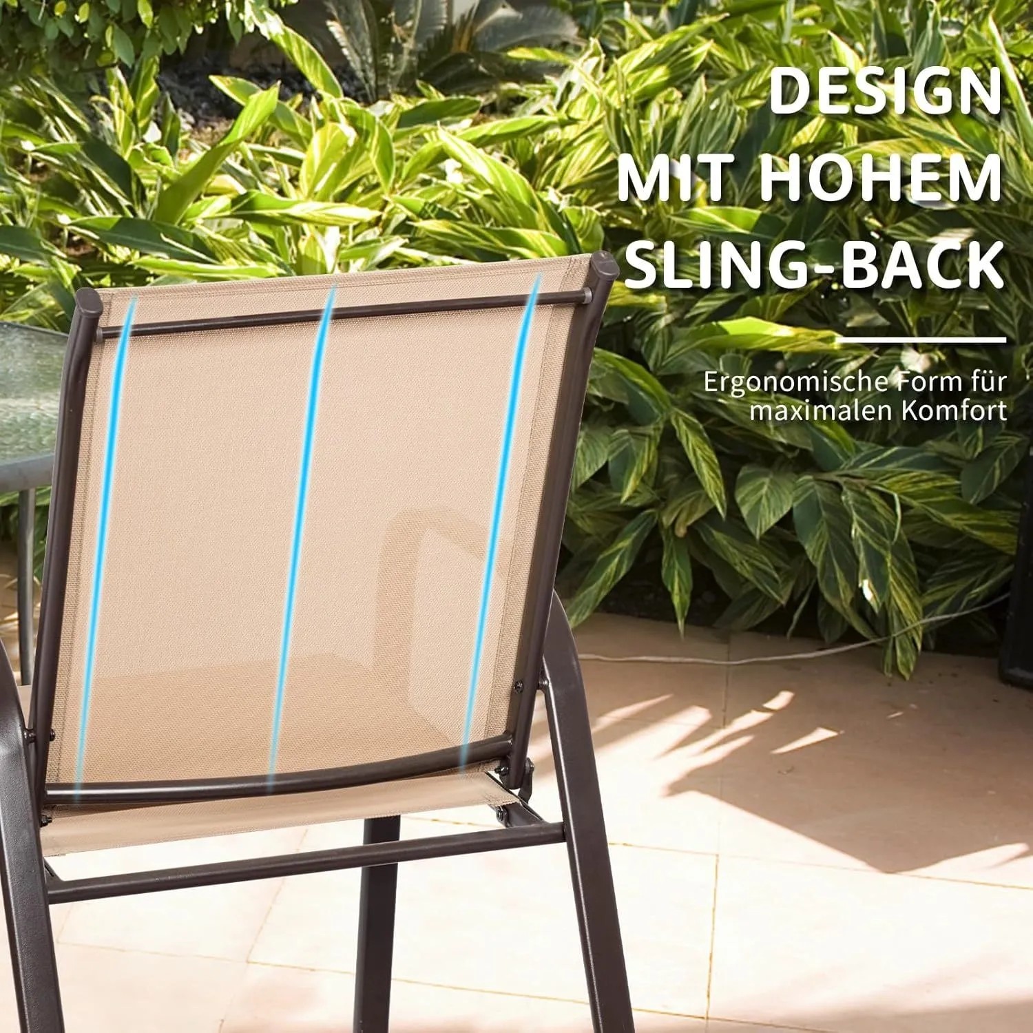 Beiger Gartenstuhl mit hohem Sling-Back Design auf Terrasse. Atmungsaktiver Stoff, robustes Metallgestell. Komfortabler Terrassenstuhl.