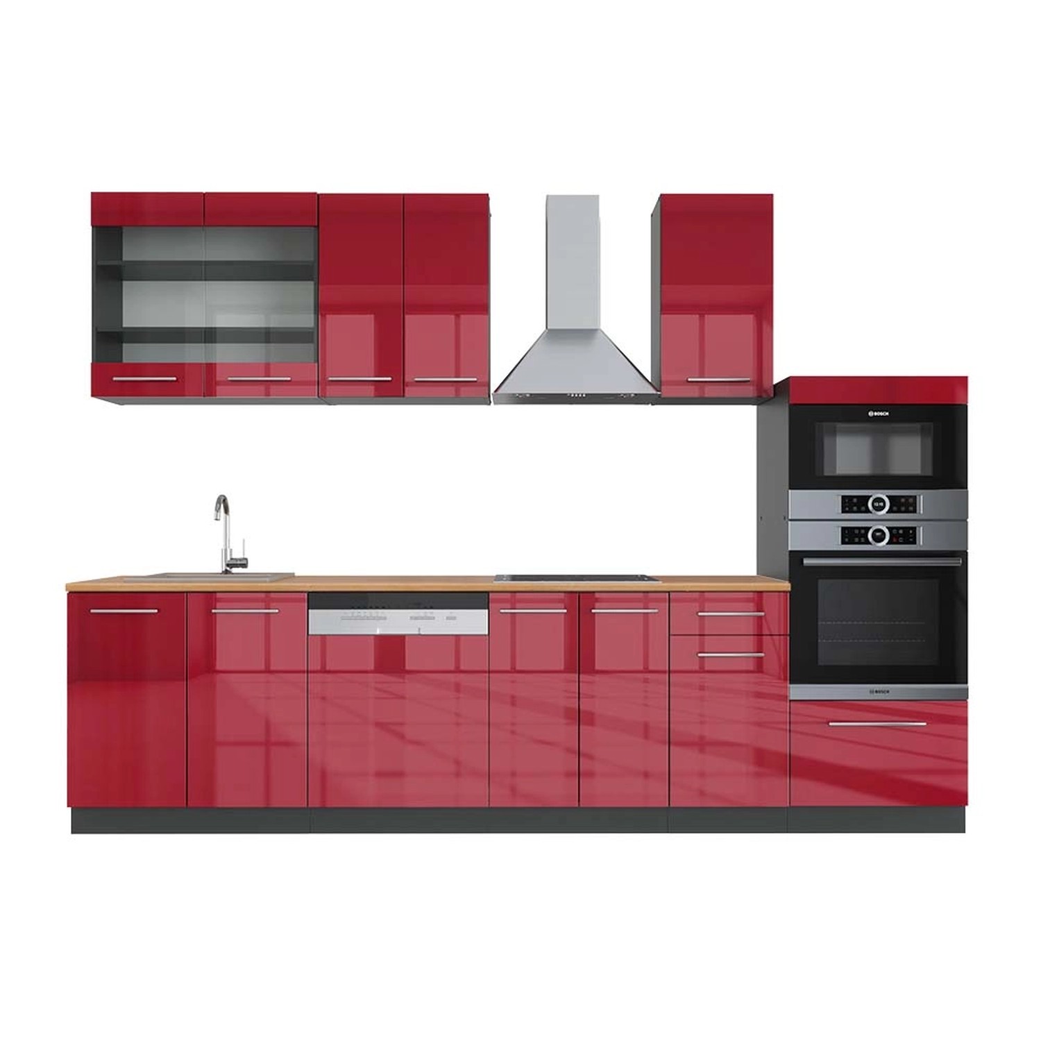 Vicco Fame-Line Küchenzeile Bordeaux Hochglanz/Anthrazit 300 cm mit Hochsch günstig online kaufen