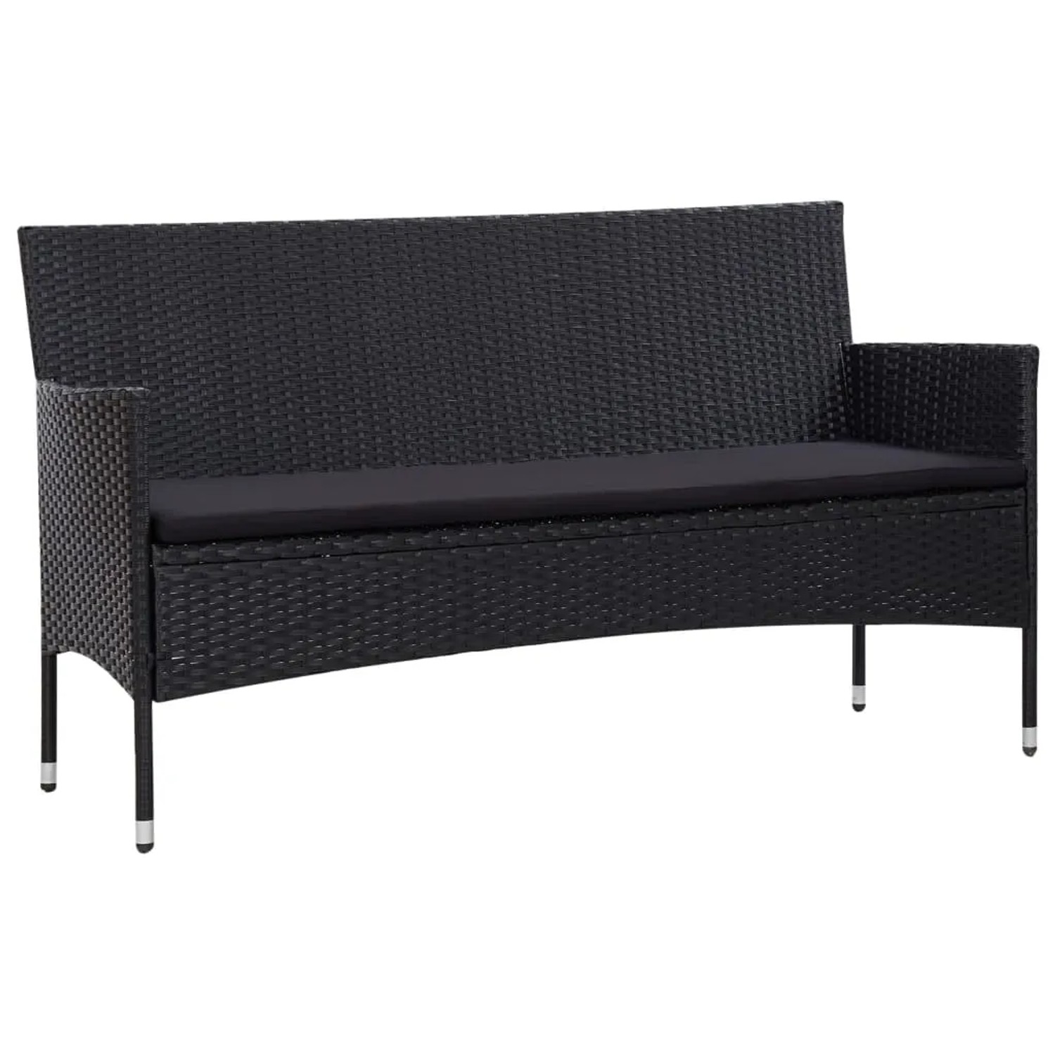Schwarzes 3-Sitzer Gartensofa aus Rattan mit Sitzkissen, Teil des vidaXL Lounge-Sets.