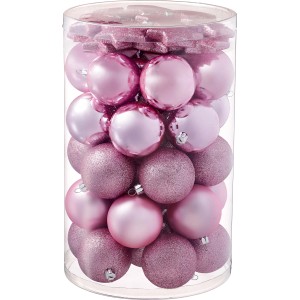 Baumschmuck-Set, 50-teilig, Pink: Christbaumkugeln und Sterne in verschiedenen Oberflächen im transparenten Behälter.