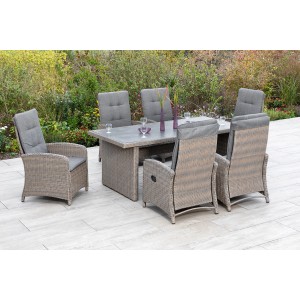 Merxx Atrani Gartenmöbel-Set, 7-teilig mit 6 Sesseln und Gartentisch (200x100 cm) in Steinoptik.