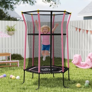 Rosa HOMCOM Kindertrampolin mit Sicherheitsnetz, Kind springt. Bodentrampolin für drinnen und draußen.