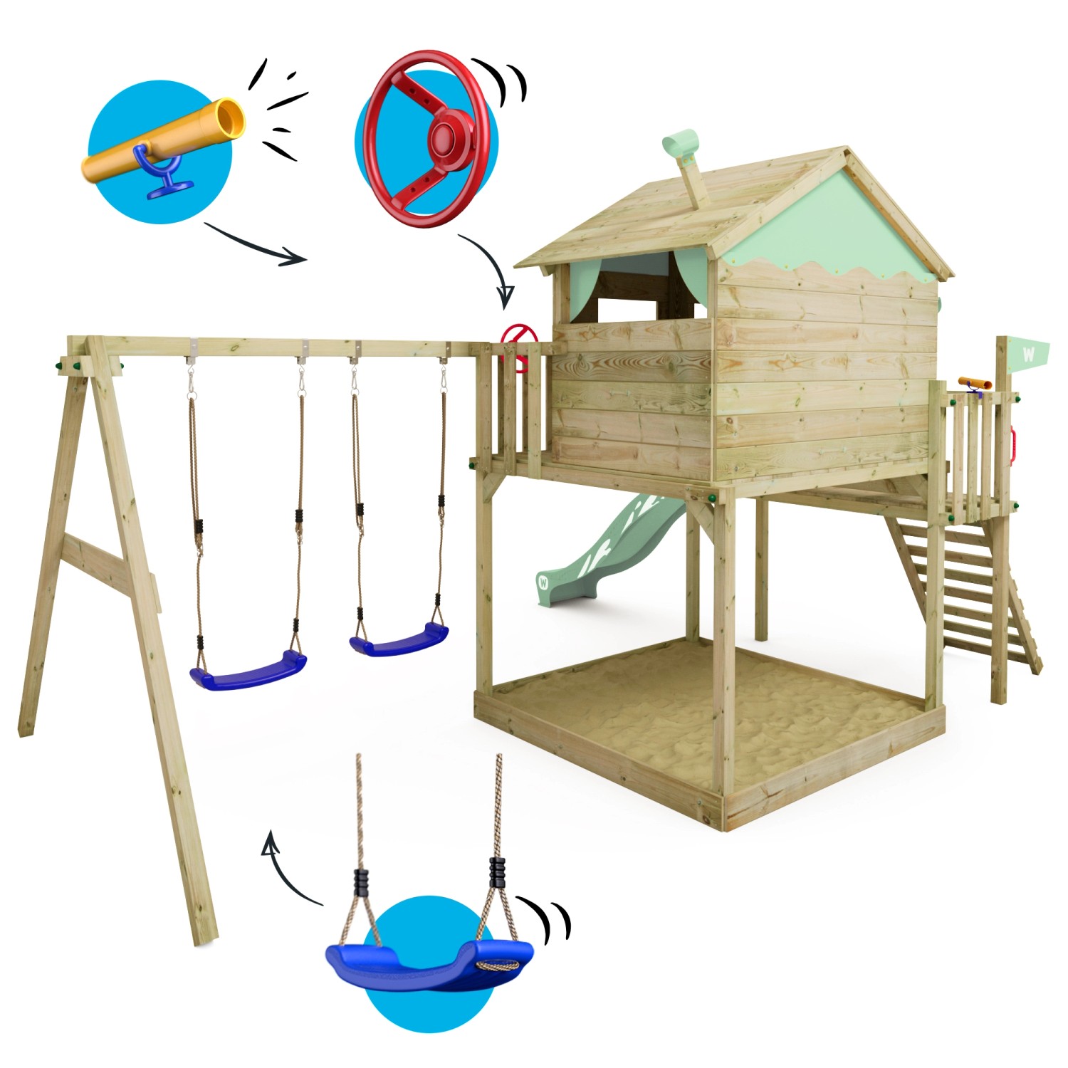 Wickey Spielturm Smart Coast mit Rutsche, Schaukel und Sandkasten in Pastellgrün.