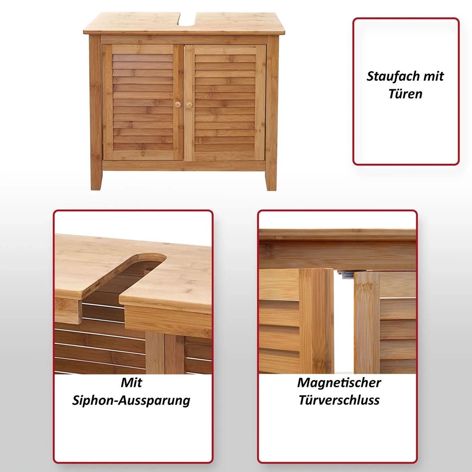 Bambus-Waschbeckenunterschrank mit zwei Lamellentüren, Siphon-Aussparung und magnetischem Türverschluss für Bad-Stauraum.