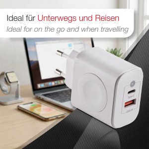SOTECH USB 3 in 1 Netzteil Schnellladegerät Ladeadapter Weiß mit USB A USB C und Kabellose Ladefunktion für Apple Watch