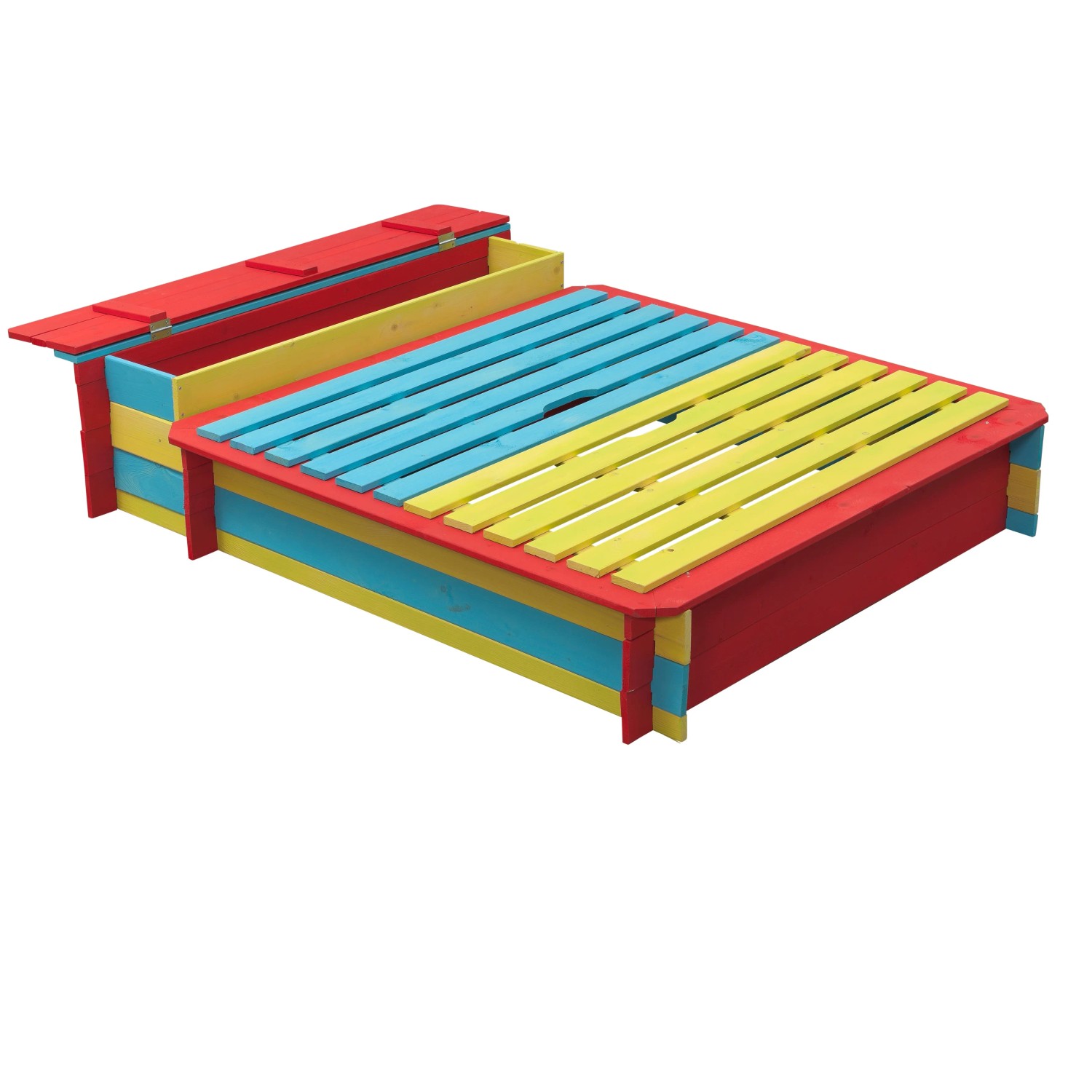 Farbenfroher SwingKing Sandkasten Jade (150x120 cm) mit Deckel und Staufach.