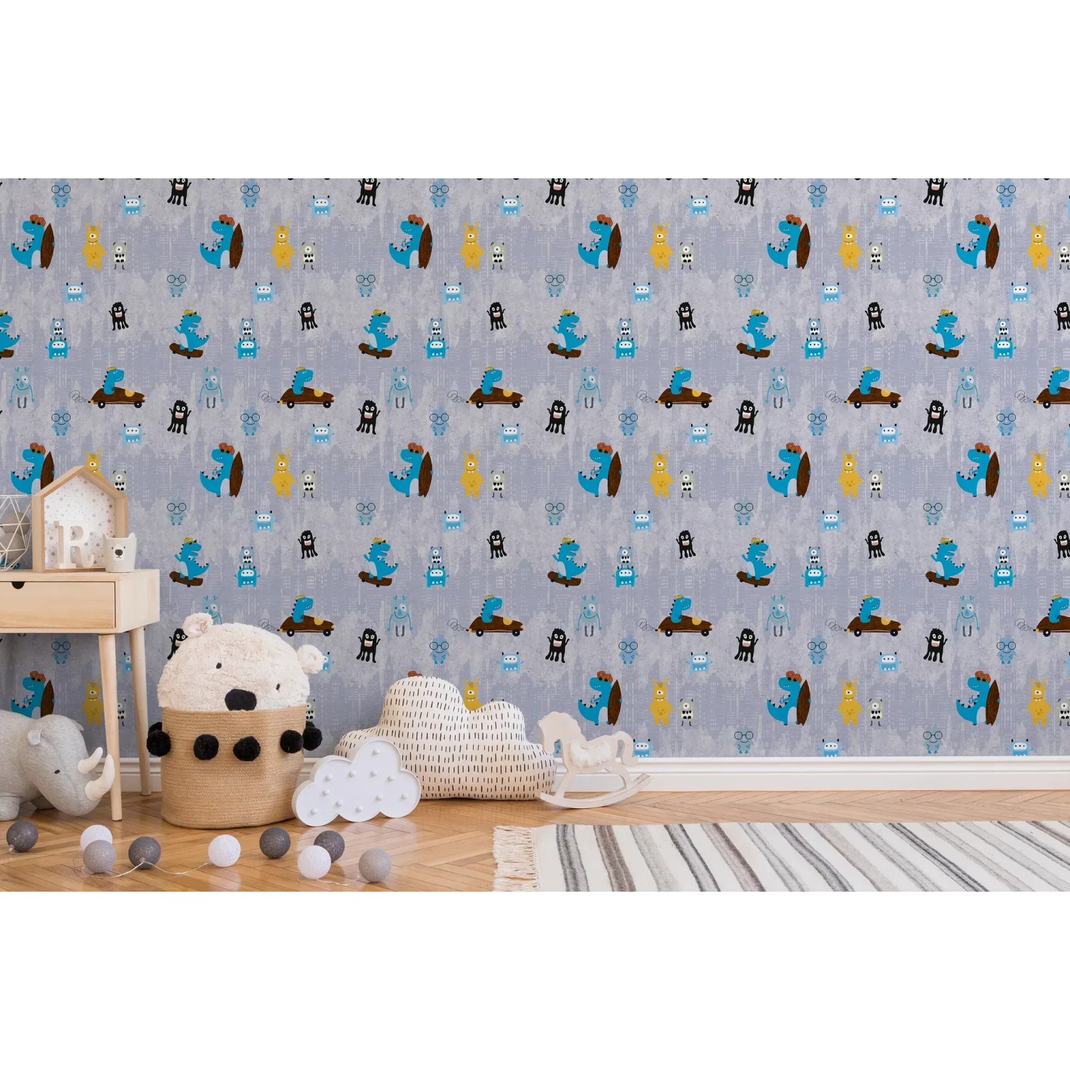 Vliestapete mit Dinosaurier-Motiv in Blau und Gelb für das Kinderzimmer.