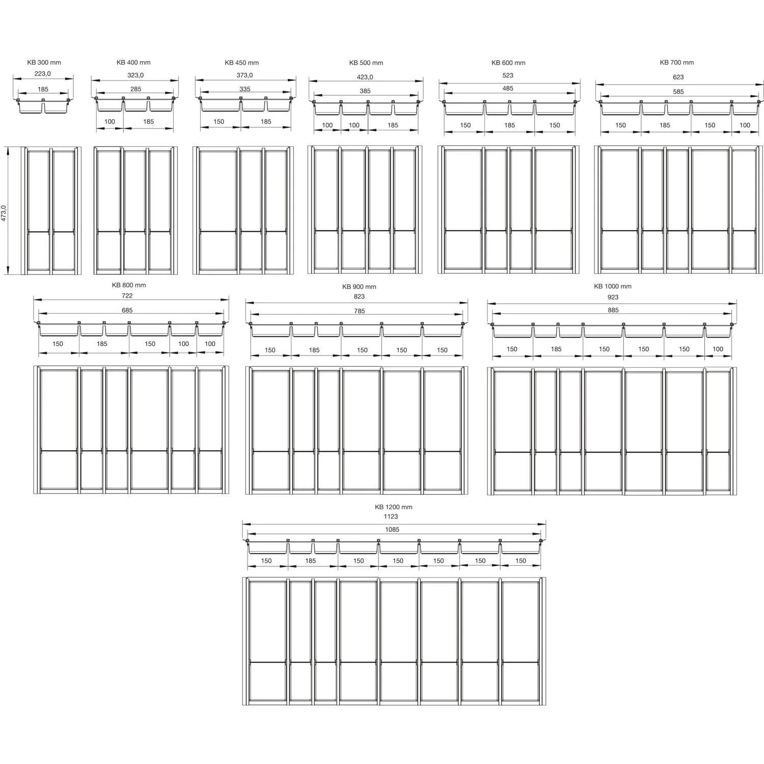 Übersicht der Ninka Cuisio Besteckkästen: Technische Zeichnung mit Maßen und Fächerlayouts für diverse Schubkastenbreiten.