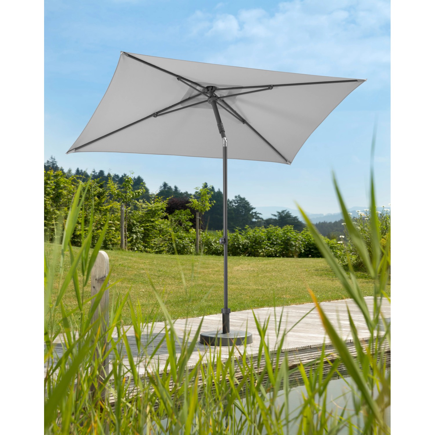 Schneider Marktschirm, 240x140 cm, silbergrau, mit Push-Up Mechanik im Garten.