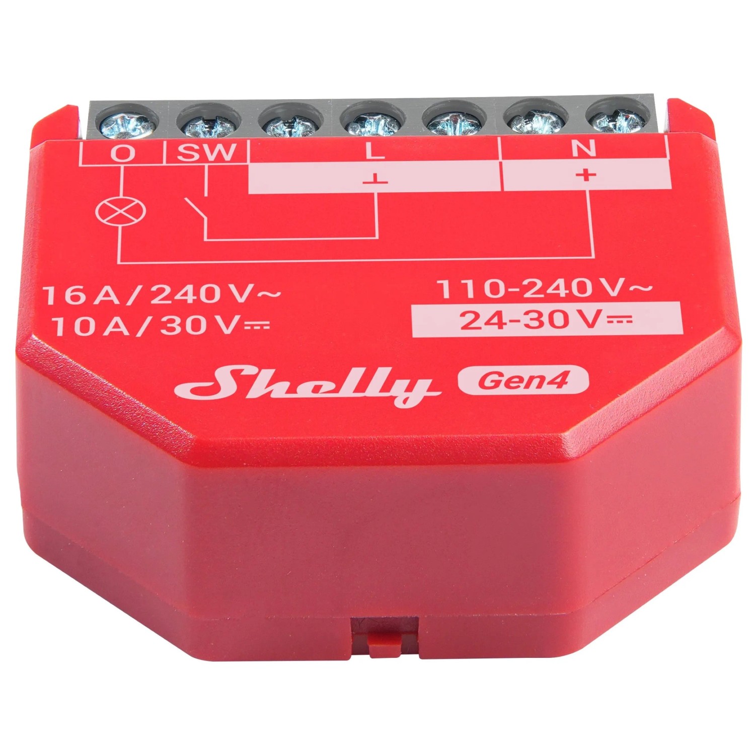 Shelly Smart-Relais 1PM Gen4 im 4er-Pack, rotes Gehäuse mit Anschlussdetails. Hausautomation.